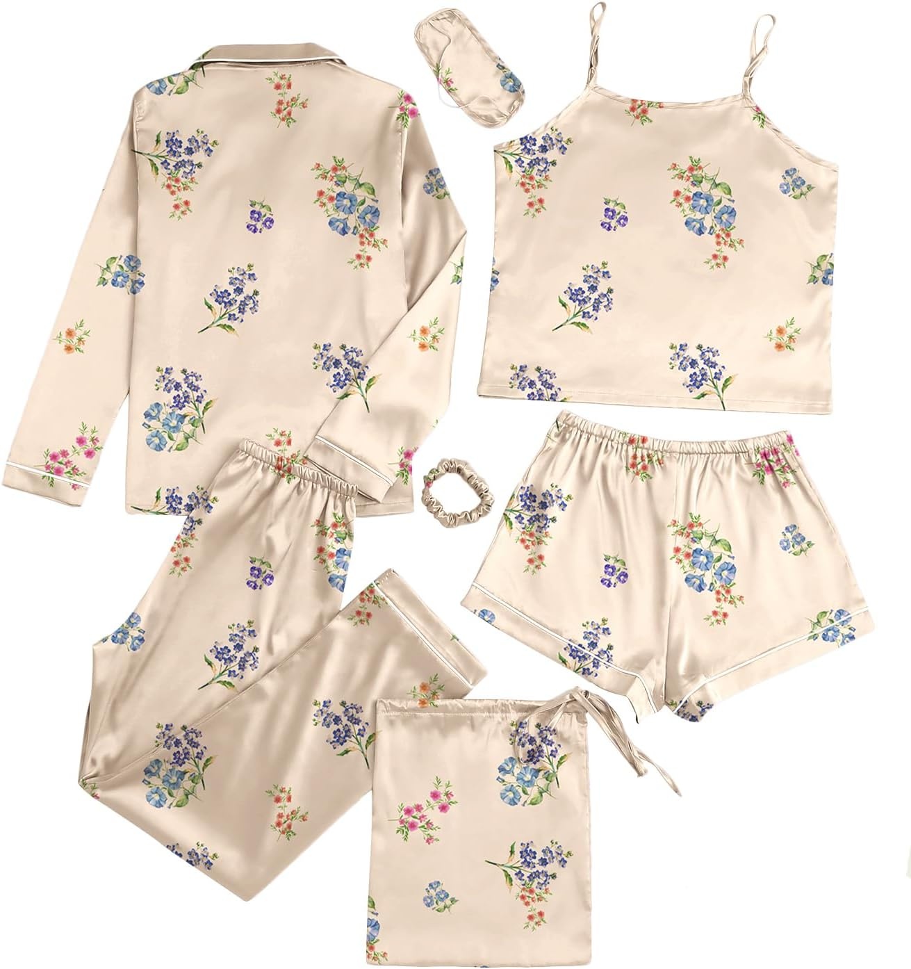 image:imageLYANER Womens Satin Pajamas Set 7pcs Silky Sleepwear Loungewear Cami Shorts and Button Down Long Sleeve Pjs SetFloral Multicolored