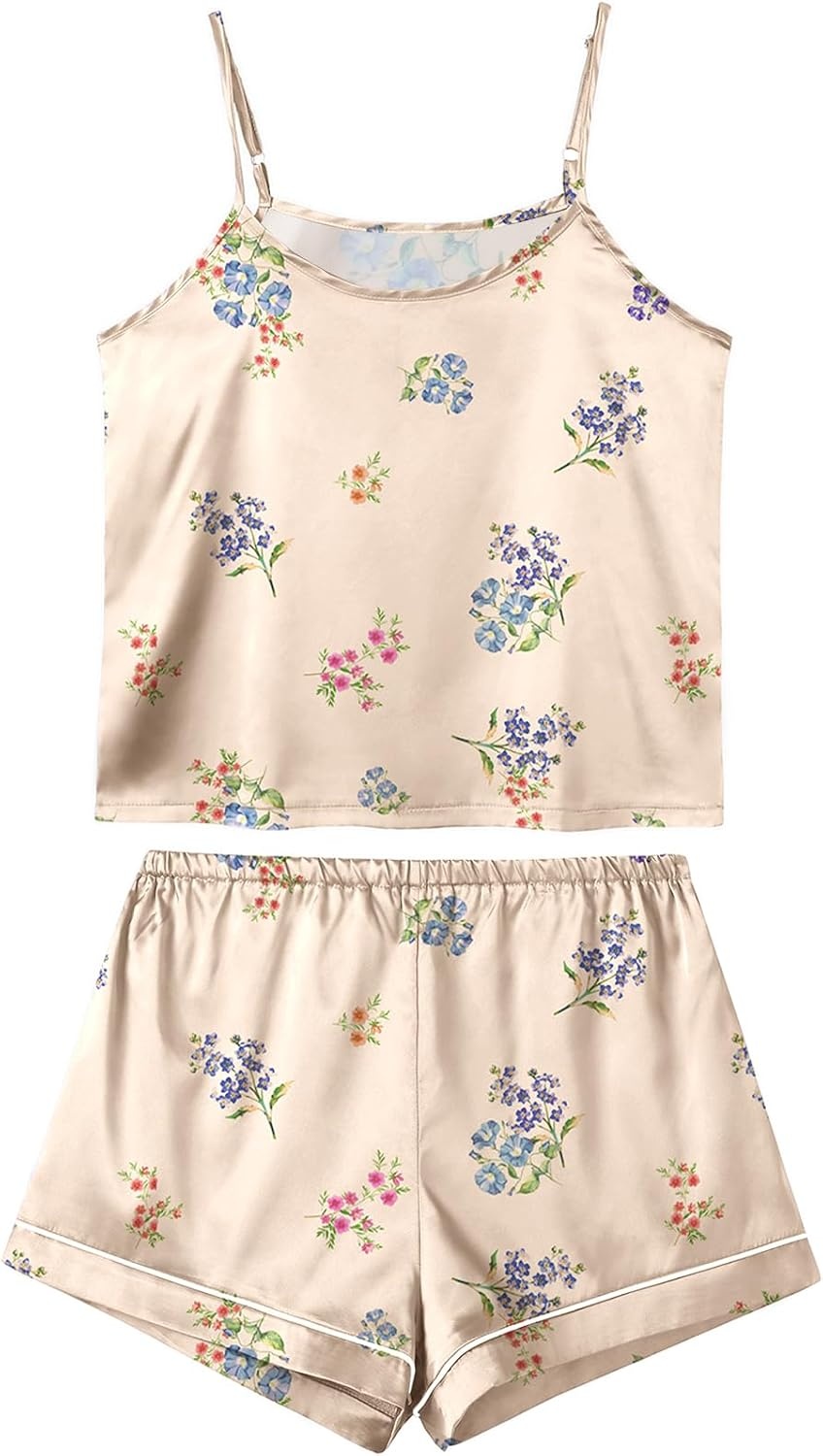 image:imageLYANER Womens Satin Pajamas Set 7pcs Silky Sleepwear Loungewear Cami Shorts and Button Down Long Sleeve Pjs SetFloral Multicolored