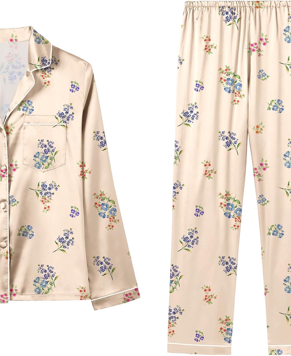 image:imageLYANER Womens Satin Pajamas Set 7pcs Silky Sleepwear Loungewear Cami Shorts and Button Down Long Sleeve Pjs SetFloral Multicolored