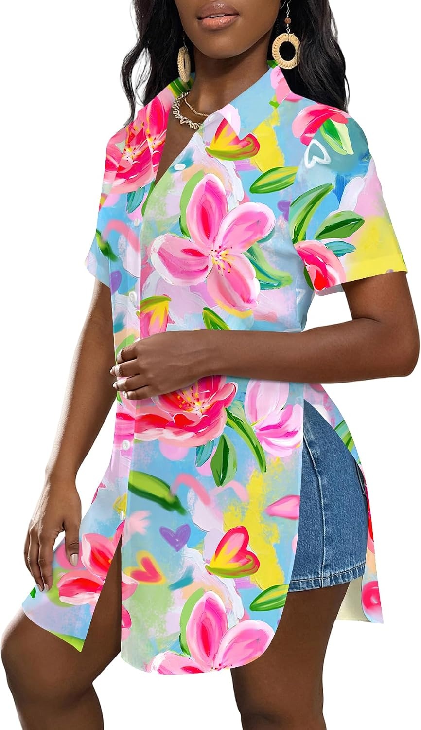 image:imageLYANER Womens Sexy Collar Neck Short Sleeve Button Down Long Shirt Slit Hem Blouse High Low TopFloral Multicolored
