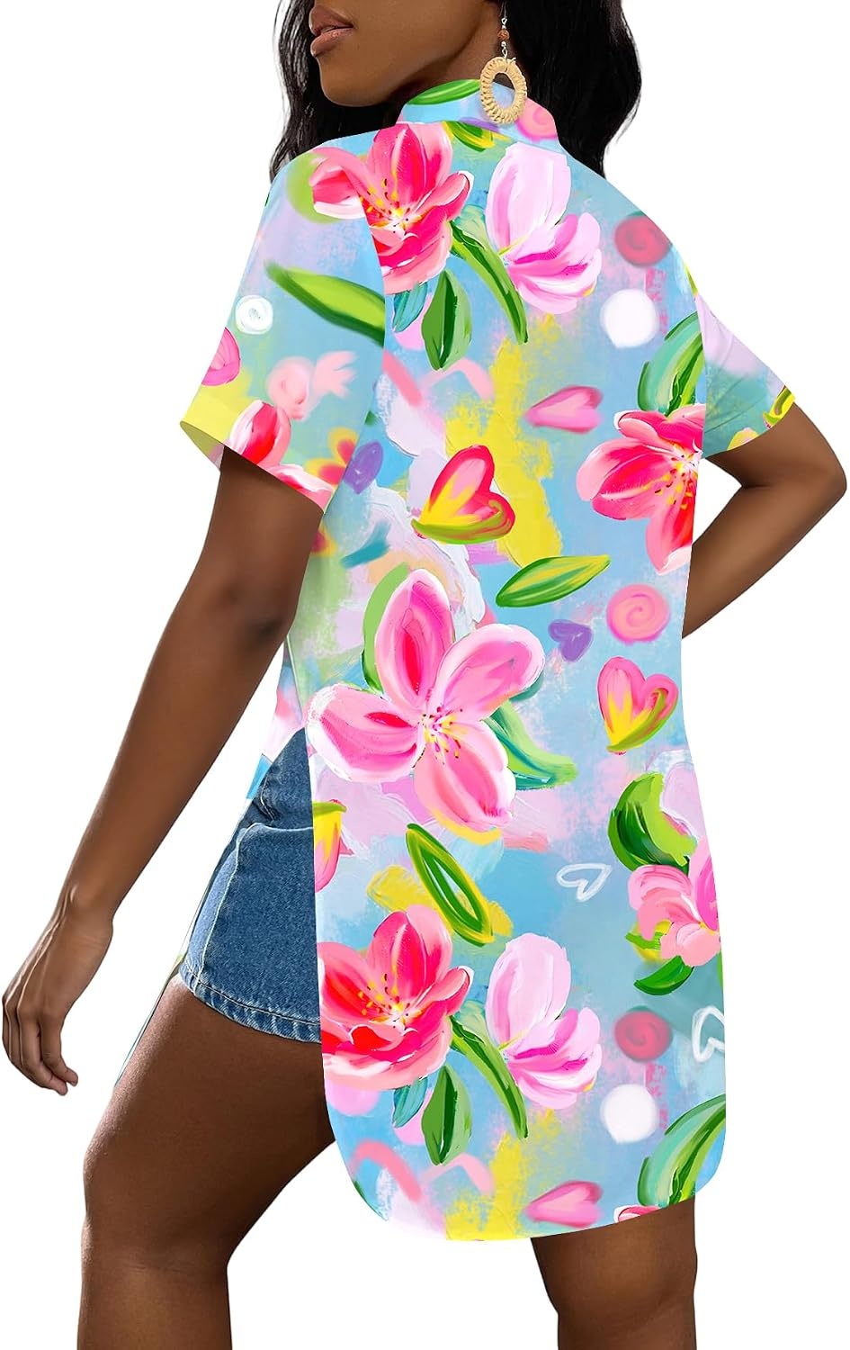 image:imageLYANER Womens Sexy Collar Neck Short Sleeve Button Down Long Shirt Slit Hem Blouse High Low TopFloral Multicolored