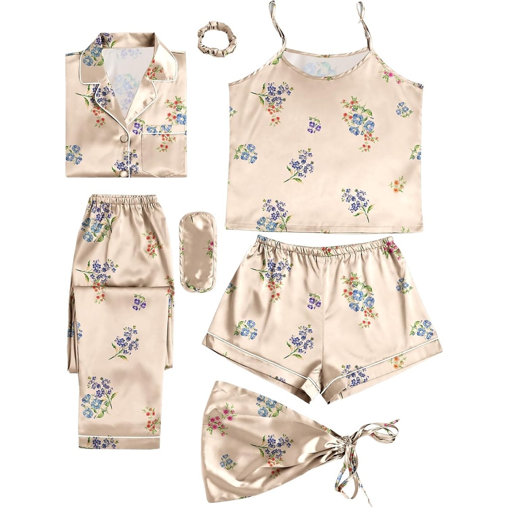 image:imageLYANER Womens Satin Pajamas Set 7pcs Silky Sleepwear Loungewear Cami Shorts and Button Down Long Sleeve Pjs SetFloral Multicolored