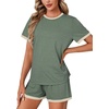 image:imageLYANER Pajama Set for Women 2 Piece Lounge Set Striped Crew neck Short Sleeve Tops and Shorts Soft SleepwearArmy Green