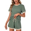 image:imageLYANER Pajama Set for Women 2 Piece Lounge Set Striped Crew neck Short Sleeve Tops and Shorts Soft SleepwearArmy Green