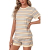 image:imageLYANER Pajama Set for Women 2 Piece Lounge Set Striped Crew neck Short Sleeve Tops and Shorts Soft SleepwearBeige