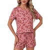 image:imageLYANER Pajama Set for Women 2 Piece Lounge Set Striped Crew neck Short Sleeve Tops and Shorts Soft SleepwearBurgundy Daisies