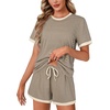 image:imageLYANER Pajama Set for Women 2 Piece Lounge Set Striped Crew neck Short Sleeve Tops and Shorts Soft SleepwearKhaki