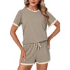 image:imageLYANER Pajama Set for Women 2 Piece Lounge Set Striped Crew neck Short Sleeve Tops and Shorts Soft SleepwearKhaki