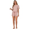 image:imageLYANER Pajama Set for Women 2 Piece Lounge Set Striped Crew neck Short Sleeve Tops and Shorts Soft SleepwearPink