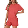 image:imageLYANER Pajama Set for Women 2 Piece Lounge Set Striped Crew neck Short Sleeve Tops and Shorts Soft SleepwearRed