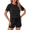image:imageLYANER Pajama Set for Women 2 Piece Lounge Set Striped Crew neck Short Sleeve Tops and Shorts Soft SleepwearSolid Black