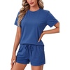 image:imageLYANER Pajama Set for Women 2 Piece Lounge Set Striped Crew neck Short Sleeve Tops and Shorts Soft SleepwearSolid Blue