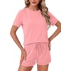 image:imageLYANER Pajama Set for Women 2 Piece Lounge Set Striped Crew neck Short Sleeve Tops and Shorts Soft SleepwearSolid Pink
