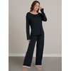 image:imageLYANER Womens 2 Piece Satin Silky Pajama Set Long Sleeve Button Front Shirt with Elastic Waist Pants Loungewear SleepwearBlack