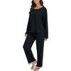 image:imageLYANER Womens 2 Piece Satin Silky Pajama Set Long Sleeve Button Front Shirt with Elastic Waist Pants Loungewear SleepwearBlack