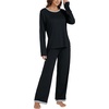 image:imageLYANER Womens 2 Piece Satin Silky Pajama Set Long Sleeve Button Front Shirt with Elastic Waist Pants Loungewear SleepwearBlack