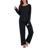 image:imageLYANER Womens 2 Piece Satin Silky Pajama Set Long Sleeve Button Front Shirt with Elastic Waist Pants Loungewear SleepwearBlack