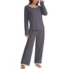 image:imageLYANER Womens 2 Piece Satin Silky Pajama Set Long Sleeve Button Front Shirt with Elastic Waist Pants Loungewear SleepwearDark Gray