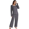 image:imageLYANER Womens 2 Piece Satin Silky Pajama Set Long Sleeve Button Front Shirt with Elastic Waist Pants Loungewear SleepwearDark Gray