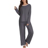 image:imageLYANER Womens 2 Piece Satin Silky Pajama Set Long Sleeve Button Front Shirt with Elastic Waist Pants Loungewear SleepwearDark Gray