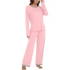 image:imageLYANER Womens 2 Piece Satin Silky Pajama Set Long Sleeve Button Front Shirt with Elastic Waist Pants Loungewear SleepwearLight Pink