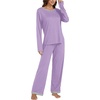 image:imageLYANER Womens 2 Piece Satin Silky Pajama Set Long Sleeve Button Front Shirt with Elastic Waist Pants Loungewear SleepwearLight Purple