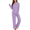 image:imageLYANER Womens 2 Piece Satin Silky Pajama Set Long Sleeve Button Front Shirt with Elastic Waist Pants Loungewear SleepwearLight Purple