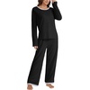 image:imageLYANER Womens 2 Piece Satin Silky Pajama Set Long Sleeve Button Front Shirt with Elastic Waist Pants Loungewear SleepwearSolid Black