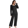 image:imageLYANER Womens 2 Piece Satin Silky Pajama Set Long Sleeve Button Front Shirt with Elastic Waist Pants Loungewear SleepwearSolid Black