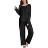 image:imageLYANER Womens 2 Piece Satin Silky Pajama Set Long Sleeve Button Front Shirt with Elastic Waist Pants Loungewear SleepwearSolid Black