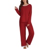 image:imageLYANER Womens 2 Piece Satin Silky Pajama Set Long Sleeve Button Front Shirt with Elastic Waist Pants Loungewear SleepwearSolid Wine Red