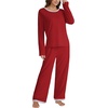 image:imageLYANER Womens 2 Piece Satin Silky Pajama Set Long Sleeve Button Front Shirt with Elastic Waist Pants Loungewear SleepwearSolid Wine Red