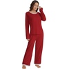 image:imageLYANER Womens 2 Piece Satin Silky Pajama Set Long Sleeve Button Front Shirt with Elastic Waist Pants Loungewear SleepwearSolid Wine Red