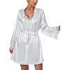 image:imageLYANER Womens 3pcs Sleepwear Silk Satin V Neck Lace Trim Cami Top and Shorts Pajama Set with RobeWhite