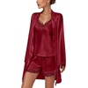 image:imageLYANER Womens 3pcs Sleepwear Silk Satin V Neck Lace Trim Cami Top and Shorts Pajama Set with RobeWine Red