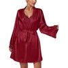 image:imageLYANER Womens 3pcs Sleepwear Silk Satin V Neck Lace Trim Cami Top and Shorts Pajama Set with RobeWine Red