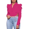 image:imageLYANER Womens Collar V Neck Button Down Split Hem Puff Long Sleeve Shirt Blouse TopRose