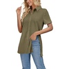 image:imageLYANER Womens Collar V Neck Split Hem Button Down Short Sleeve Long Shirt Blouse Tunic TopArmy Green