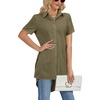 image:imageLYANER Womens Collar V Neck Split Hem Button Down Short Sleeve Long Shirt Blouse Tunic TopArmy Green