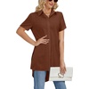 image:imageLYANER Womens Collar V Neck Split Hem Button Down Short Sleeve Long Shirt Blouse Tunic TopDark Brown