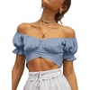 image:imageLYANER Womens Cute Ruffle Puff Short Sleeve Tie Back Crop Top Off The Shoulder Cropped BlouseAzure Blue