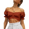 image:imageLYANER Womens Cute Ruffle Puff Short Sleeve Tie Back Crop Top Off The Shoulder Cropped BlouseCaramel