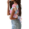 image:imageLYANER Womens Cute Ruffle Puff Short Sleeve Tie Back Crop Top Off The Shoulder Cropped BlouseColorful Floral