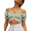 image:imageLYANER Womens Cute Ruffle Puff Short Sleeve Tie Back Crop Top Off The Shoulder Cropped BlouseFloral Green