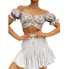 image:imageLYANER Womens Cute Ruffle Puff Short Sleeve Tie Back Crop Top Off The Shoulder Cropped BlouseFloral Multicolored