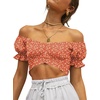 image:imageLYANER Womens Cute Ruffle Puff Short Sleeve Tie Back Crop Top Off The Shoulder Cropped BlouseFloral Orange