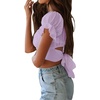 image:imageLYANER Womens Cute Ruffle Puff Short Sleeve Tie Back Crop Top Off The Shoulder Cropped BlouseLavender