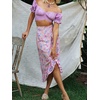 image:imageLYANER Womens Cute Ruffle Puff Short Sleeve Tie Back Crop Top Off The Shoulder Cropped BlouseLavender