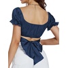 image:imageLYANER Womens Cute Ruffle Puff Short Sleeve Tie Back Crop Top Off The Shoulder Cropped BlouseSatin Deep Blue