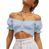 image:imageLYANER Womens Cute Ruffle Puff Short Sleeve Tie Back Crop Top Off The Shoulder Cropped BlouseSky Blue